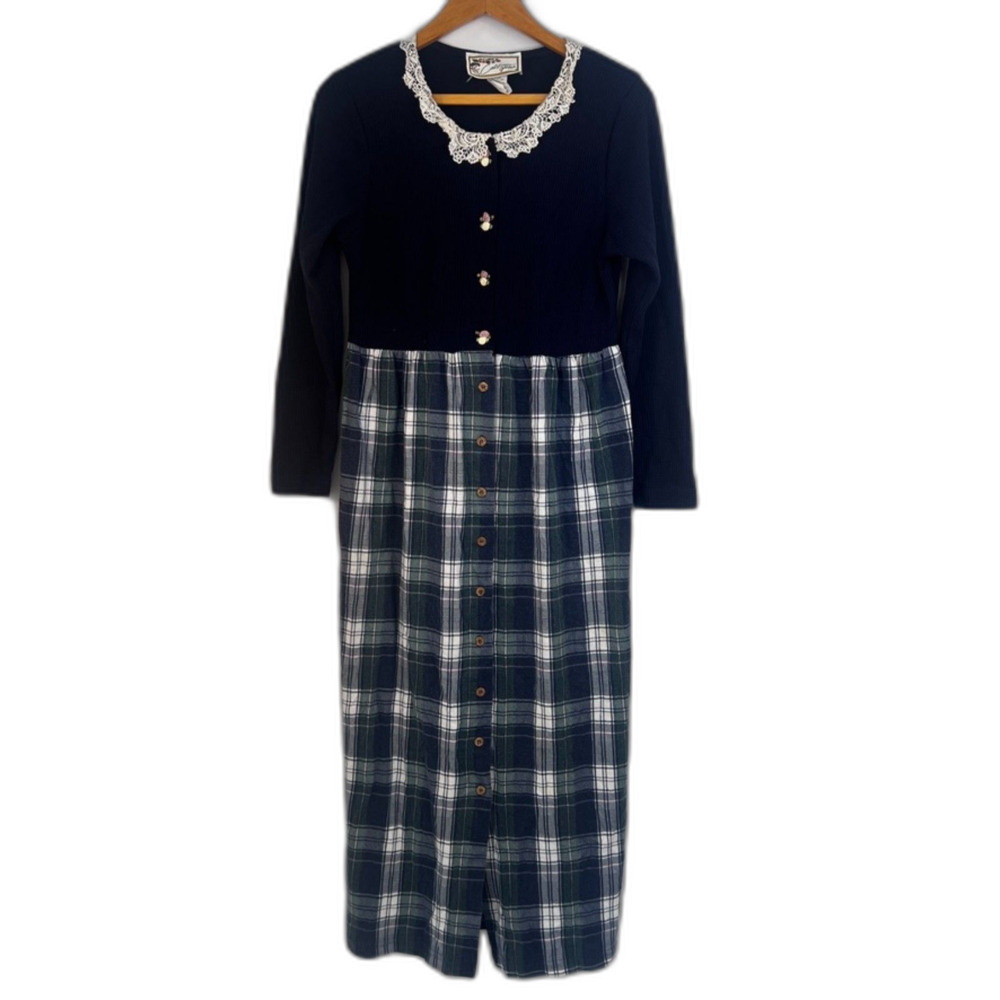 California Gold Rush VTG Plaid & Waffle Knit Button Front Dress Retro Size MD
